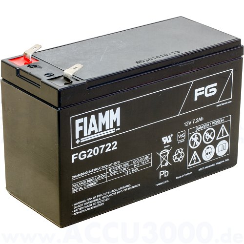 12V, 7.2Ah (C20), Fiamm FG20722, 151 x 65 x 94mm, Faston 250 (6.3mm ...