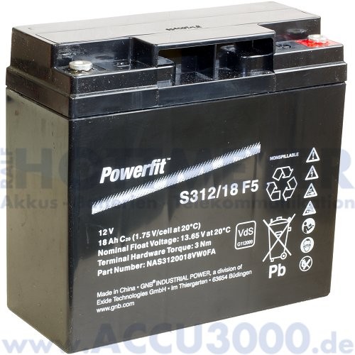 12V, 18.0Ah (C20), Exide Powerfit S312/18F5