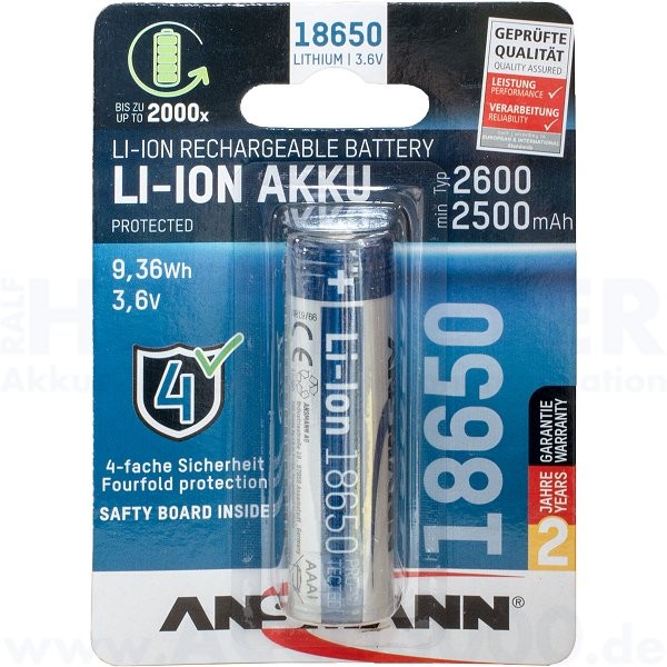 Ansmann Lithium-Ionen Akku 18650 - Geschützt - mit Schutzelektronik