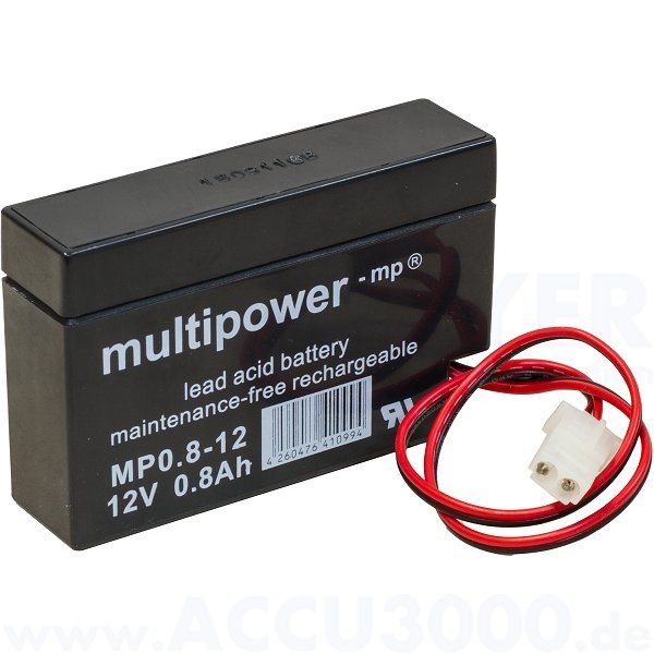 12V, 0.8Ah (C20), Multipower MP0.8-12S - mit Kabel und JST-Stecker