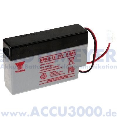 12V, 0.8Ah (C20), Yuasa NP0.8-12 - Kabel und JST-Stecker