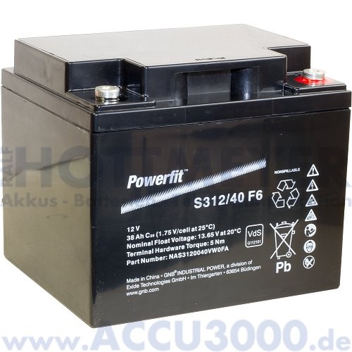 Rehatechnik Akku - 12V, 38.0Ah (C20), Exide Powerfit S312/40F6