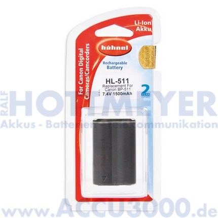 Akku f. Canon BP-511, BP-512, BP-514 - 7.4V, 1500mAh, Li-Ion - Hähnel HL-511