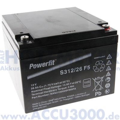 12V, 26.0Ah (C20), Exide Powerfit S312/26F5