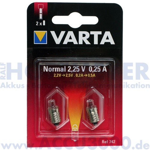 Ersatzlampe 2.25V, 0.25A, E10 - Varta 742 Argon Glühlampe (Spitzlinse) - 2er Pack